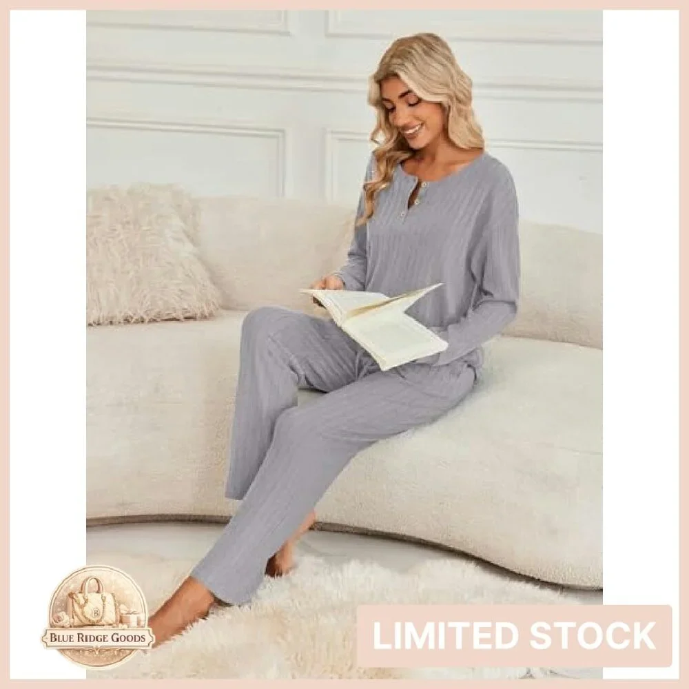 Ribbed Knit Button Down Pajama Set Cozy Lounge Wear Long Sleeve Sleepwear